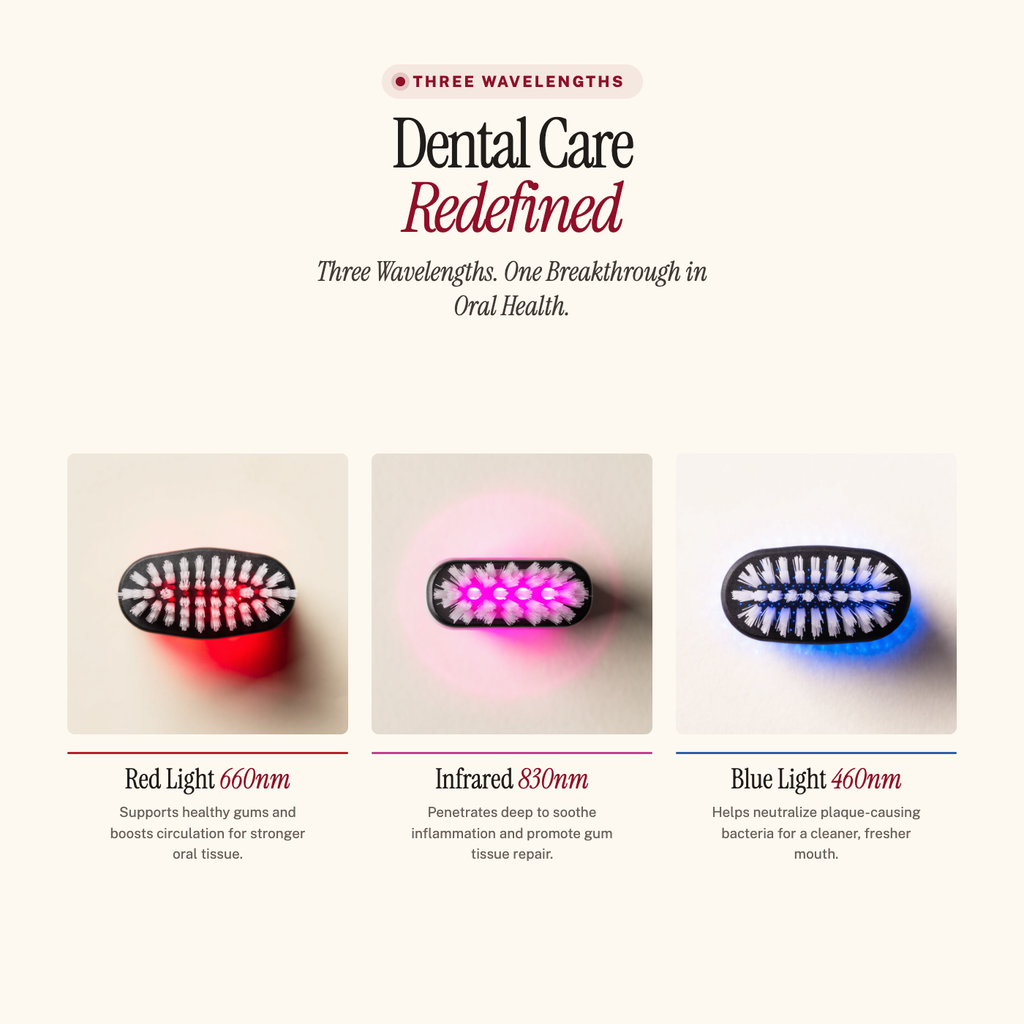 Sirius Red + Blue Light Toothbrush — three wavelengths: 660nm red, 830nm infrared, 460nm blue
